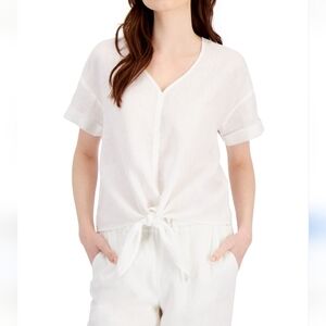 Charter Club Luxury 100% Linen Tie-Front Top Lightweight Resort Vacation